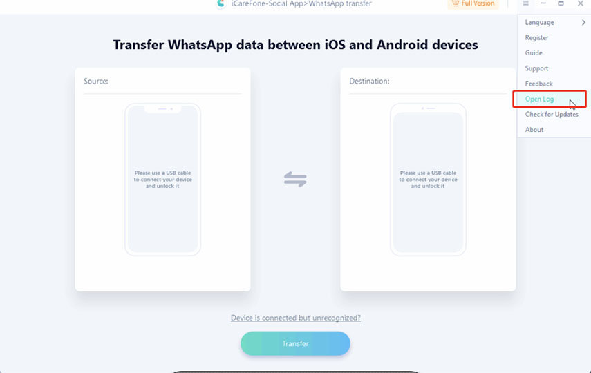 icarefone передача WhatsApp открыть журнал