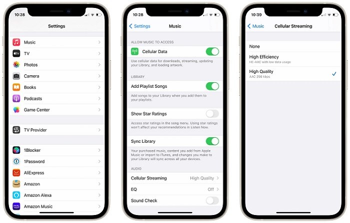 отключить высокое качество для сотовой связи в Apple Music