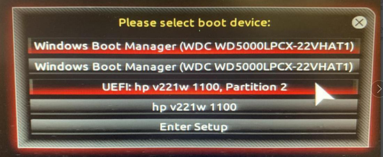 select burned usb drive in the startup window